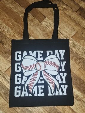 Game Day Baseball Bow Tote Bag - Black. 13x15